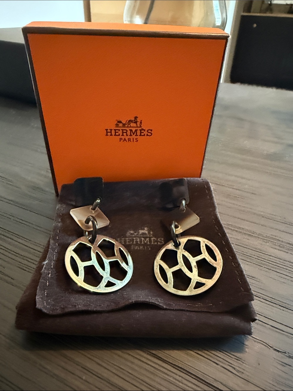 Hermes Dark Silver Tone Openwork Disc Drop Earrings